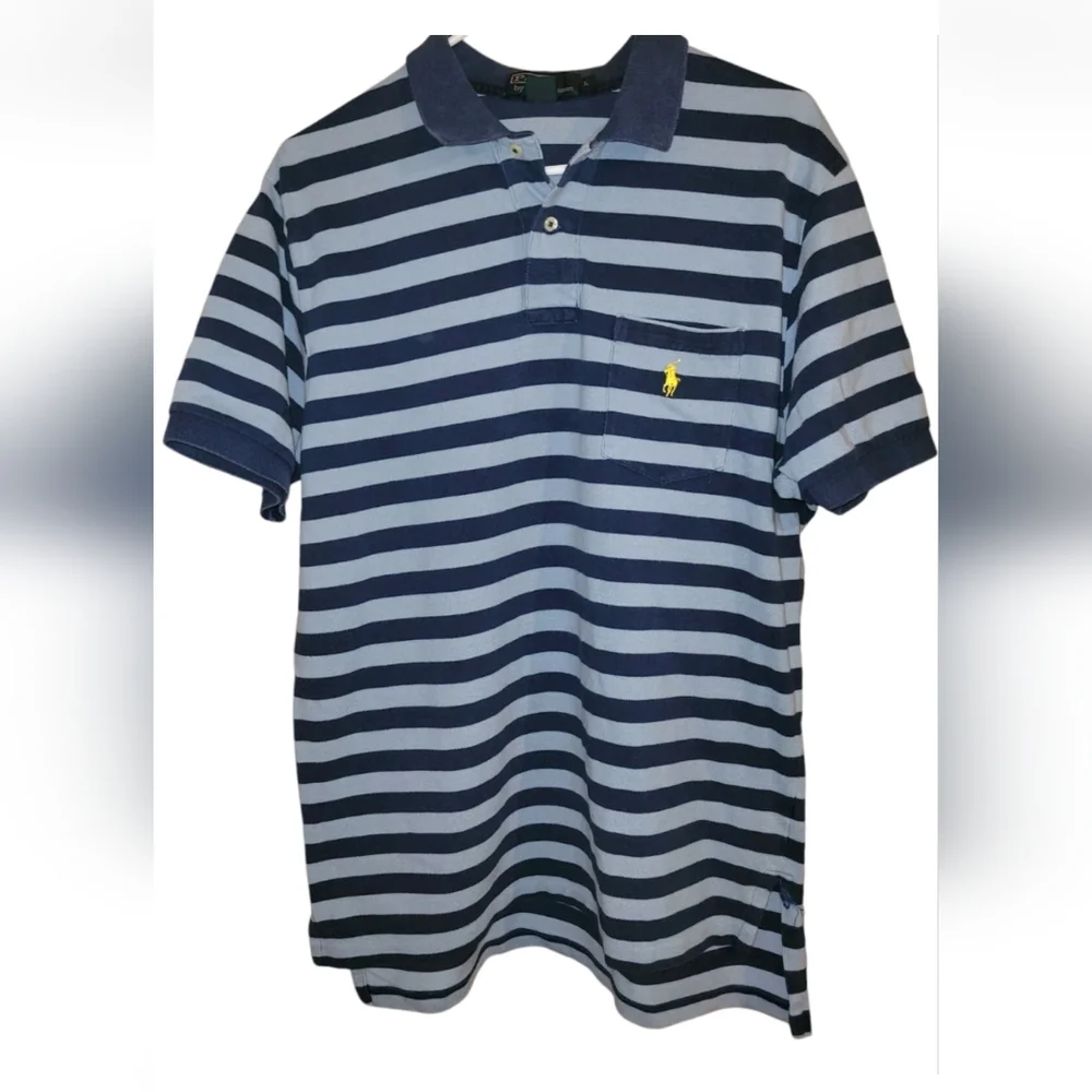 Vintage Polo Ralph Lauren Knit Shirt Mens Large Blue Striped Yellow Pony 90s